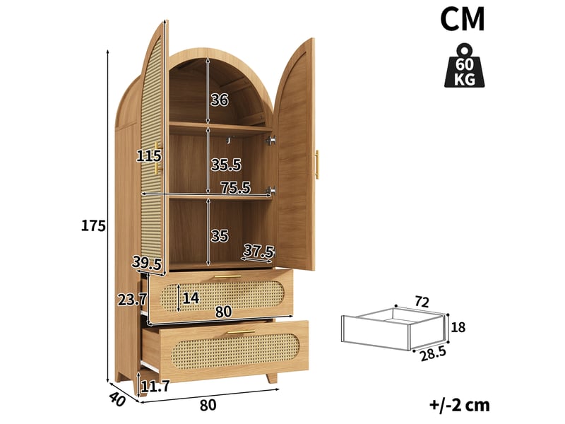 Buffet de cuisine haut avec étagères, 2 portes et 2 tiroirs, façades aspect rotin en pvc, 80 × 40 × 175 cm - Conforama C