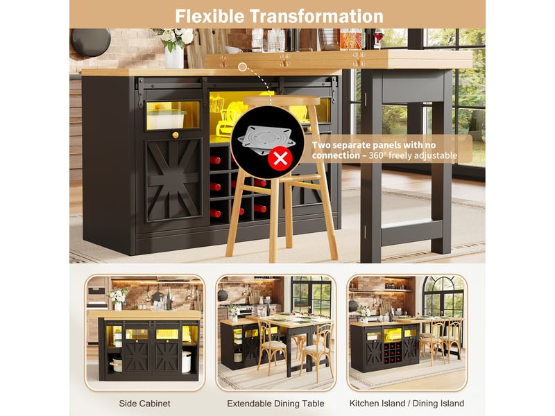  Buffet de cuisine avec table extensible, 2 plateaux pivotants à 360° et éclairage led, 120-197×40×72 cm noir  - Conforama E