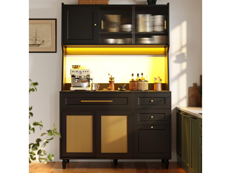  Armoire haute de cuisine avec porte coulissante en pe-rattan,éclairage led,étagères réglables et 3 tiroirs,noir,multifonctionnelle et anti-basculement  - Conforama E