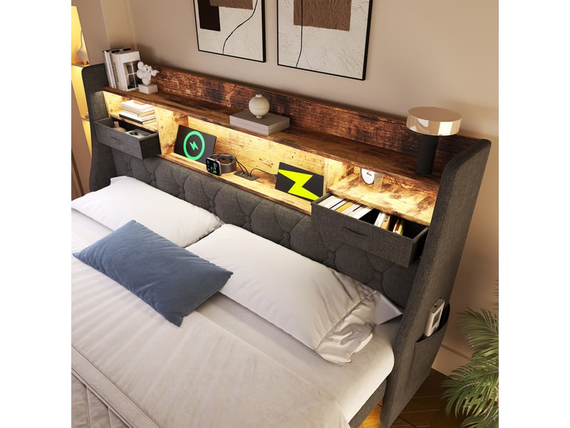 Lit flottant rembourré led avec rangement et usb-c, gris, 140x200 cm Fay Lum - Conforama E