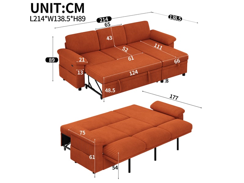 Canapé d'angle l modulable avec fonction lit escamotable, ottomane gauchedroite, orange - Conforama E