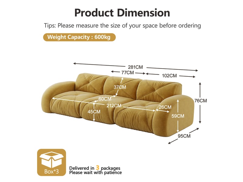  Canapé modulaire 3 places sans structure avec assise en mousse 32d, confort moelleux, en chenille jaune  - Conforama E