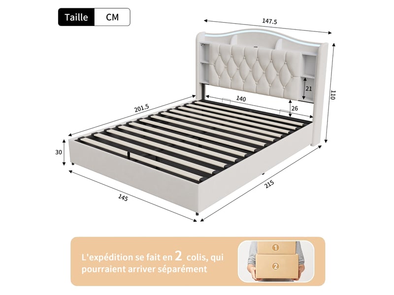 Lit coffre 140x200cm - lit double 140x200 - rembourré en velours avec led rgb, tête de lit avec rangement et usb - beige  - Conforama E