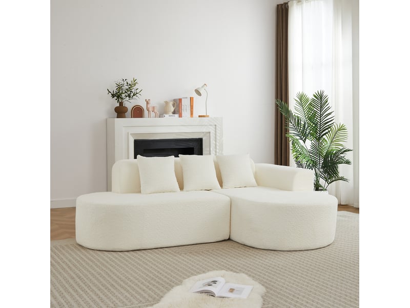  Canapé d'angle 3 places avec méridienne à droite et 3 coussins de dossier en chenille beige, 222 × 157 × 73 cm  - Conforama E