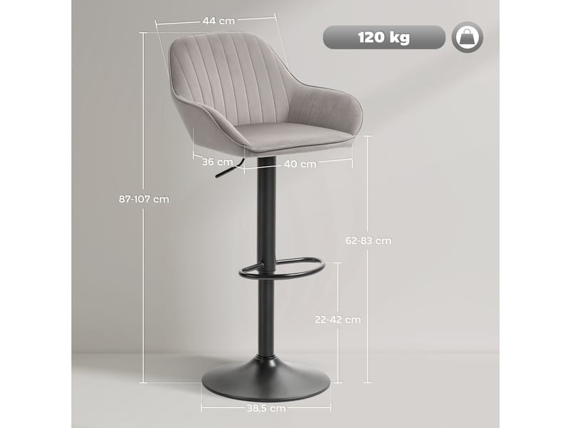  Lot de 2 tabourets de bar, chaises de bar en velours avec dossier, repose-pieds, hauteur réglable et pivotante gris  - Conforama E