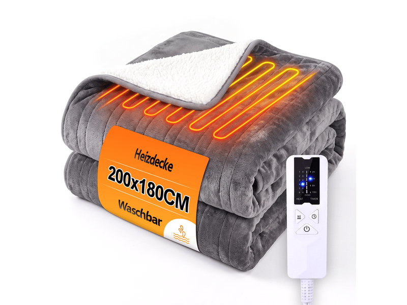 Nettlife couverture chauffante 200x180cm gris foncé, 6 niveaux, minuterie 2‑10h arrêt auto, double face flanelle & sherpa, lavable, protection surchauffe - Conforama A