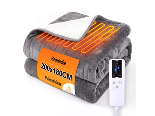 Nettlife couverture chauffante 200x180cm gris foncé, 6 niveaux, minuterie 2‑10h arrêt auto, double face flanelle & sherpa, lavable, protection surchauffe