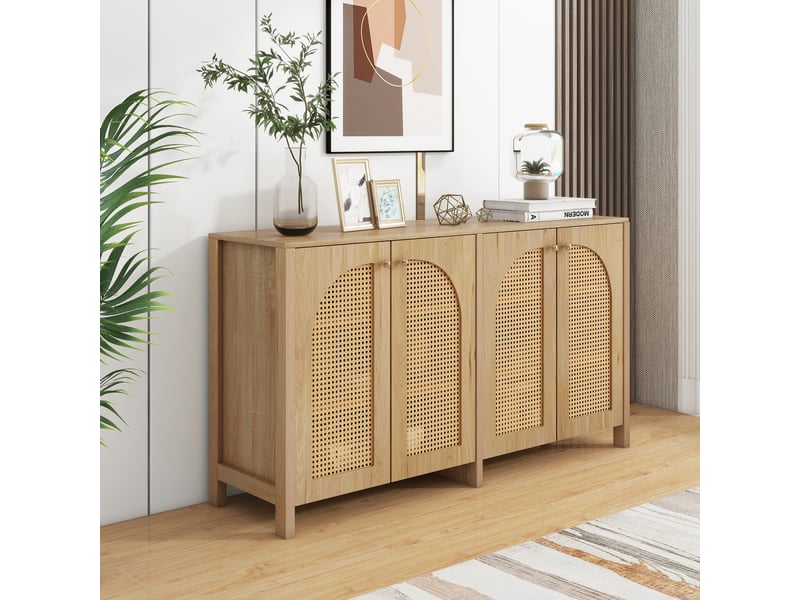  Buffet en rotin naturel meuble de rangement 4 portes style minimaliste pour salon et cuisine 145x80x40cm  - Conforama B
