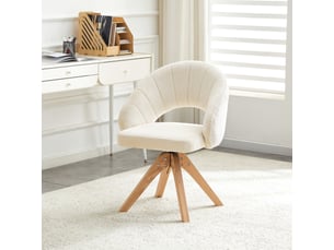 2 chaises pivotantes rétro chic — tissu blanc texturé, pieds bois massif, rotation silencieuse 360°, dossier enveloppant