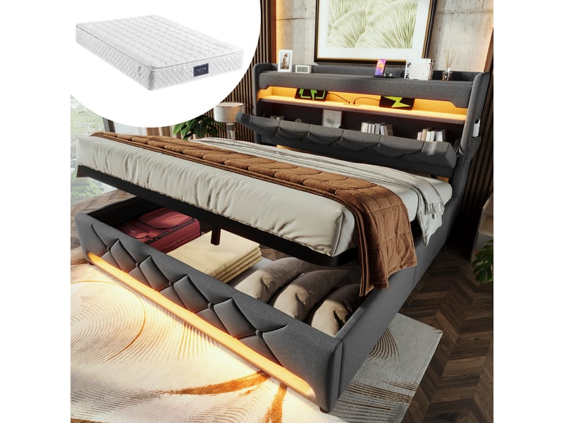  Lit coffre, lit double 160x200 cm, rangement hydraulique, tête de lit avec rangement, led 360°, usbusb-c, lin gris, matelas inclus  - Conforama A