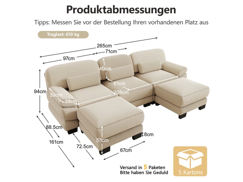 Canapé modulable en u 3 places 265x161x94 cm avec 2 poufs, assise profonde, coussin lombaire épais, velours côtelé beige - Conforama C