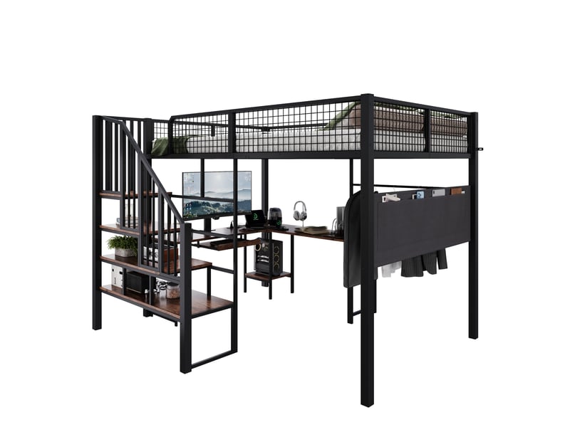  Lit mezzanine 140 × 200 cm 2 places avec bureau d'angle, port de charge, tiroir clavier et poche, sans matelas, noir vintage  - Conforama A