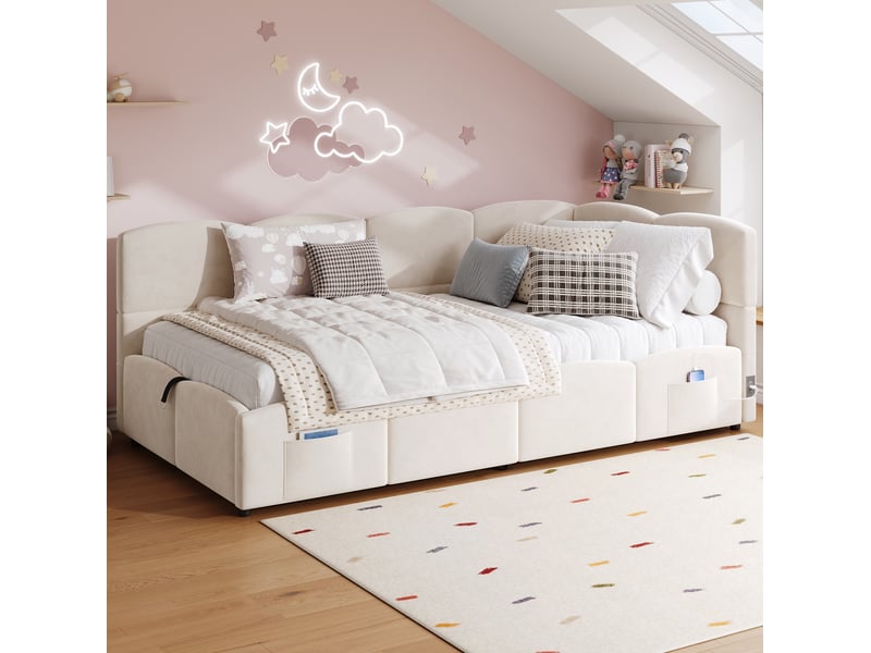  Modenvie lit banquette coffre 90x200 cm - rangement hydraulique, usb-a et usb-c, sans matelas - beige  - Conforama D