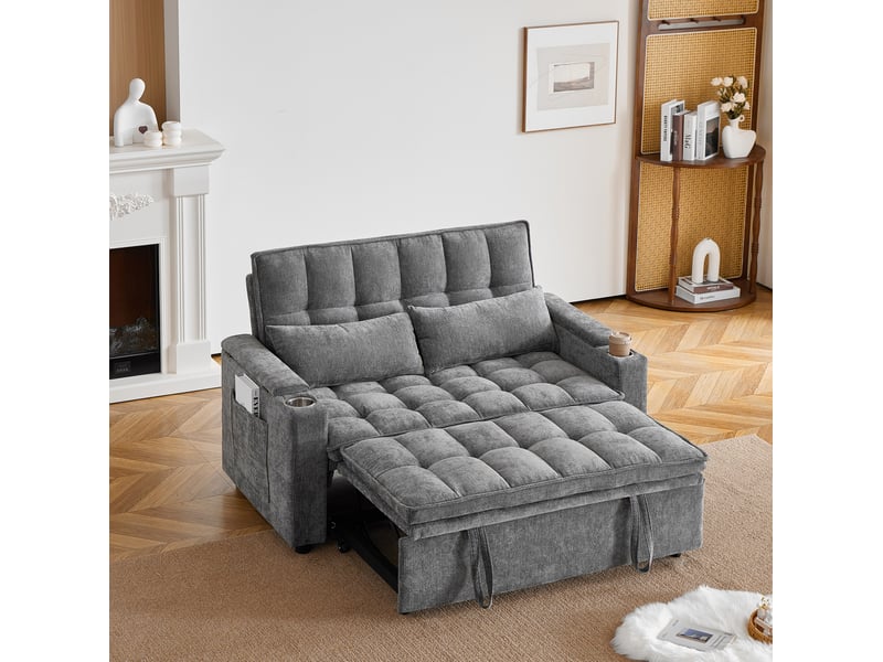 Canapé convertible 3-en-1 avec position allongée, rangements, poches et porte-gobelets en chenille gris - Conforama B
