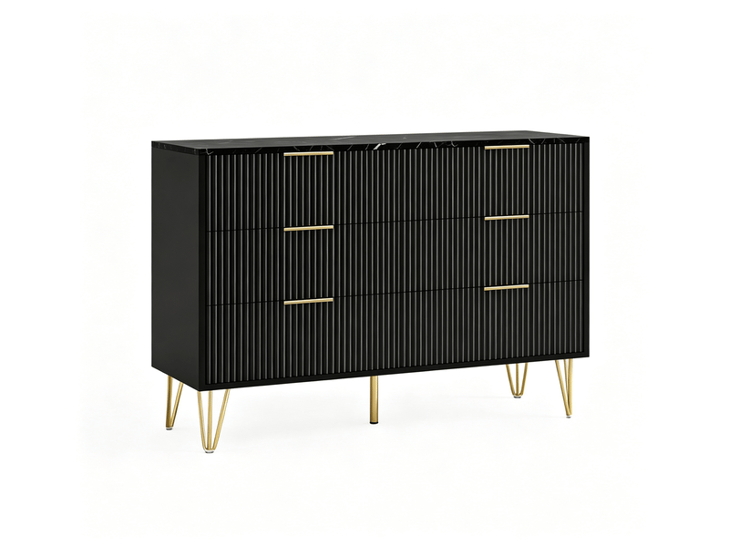  Commode à 6 tiroirs pour la chambre, modèle moderne en bois rainuré avec poignées dorées, meuble à effet marbre pour l’entrée (noir)  - Conforama A