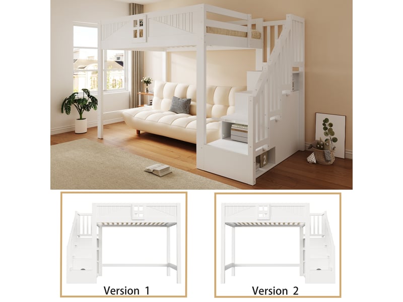 Lit mezzanine 140 × 200 cm 2 places avec escalier de rangement et barrières, sans matelas, en bois blanc  - Conforama E