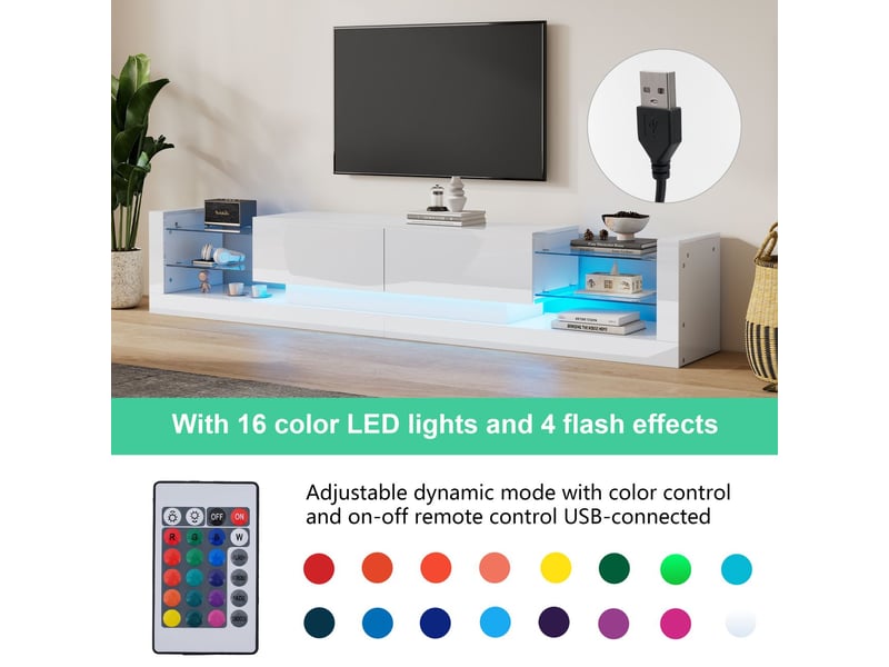  Meuble tv 180cm, finition brillante avec éclairage led et rangement par tiroirs meuble tv contemporain  - Conforama E