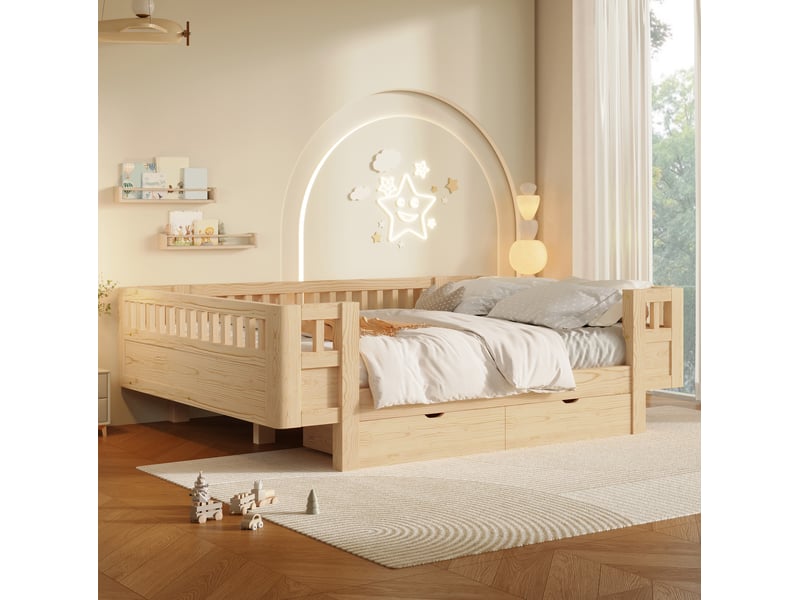  Lit enfant 140x200 cm avec barrières de protection et 2 tiroirs, bois  - Conforama D