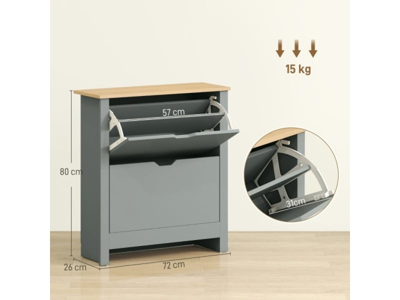  Meuble à chaussures 2 abattants gris clair 72x26x80 cm avec cloison réglable pour 8-12 paires  - Conforama C