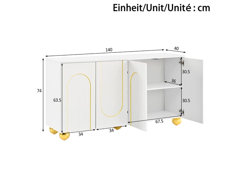  Buffet 4 portes avec rangement et fermeture amortie - lpospi - pieds métal ronds, mdf et panneaux de particules blanc 140 × 40 × 74 cm  - Conforama D