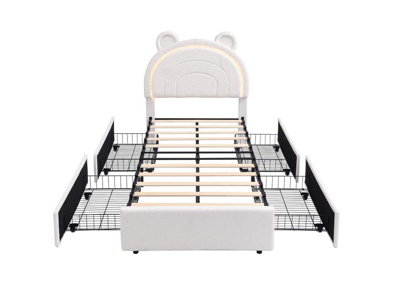 Lit enfant rembourré 90x200 cm beige, tête de lit ours, 4 tiroirs et led app - Conforama E