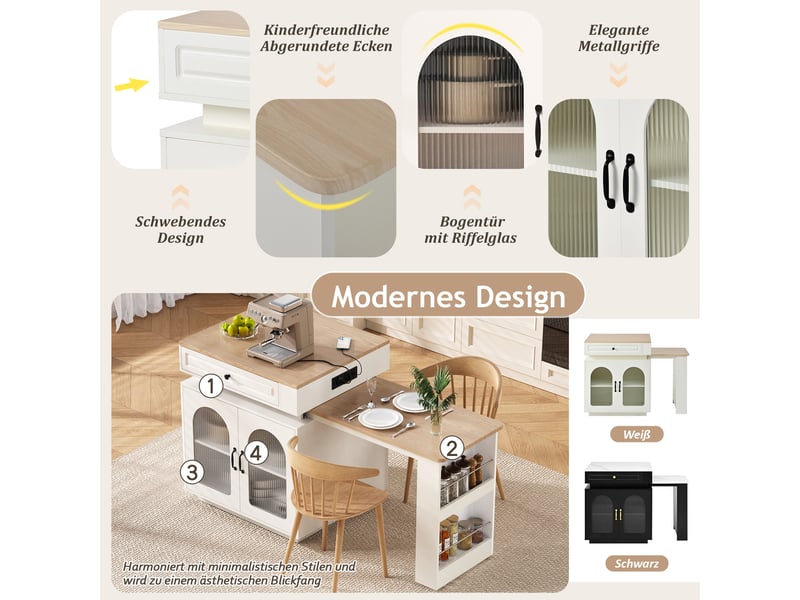  Îlot de cuisine avec table extensible led et ports usb - lpospi - rangement mdf et verre blanc 128 × 71 × 92 cm  - Conforama E