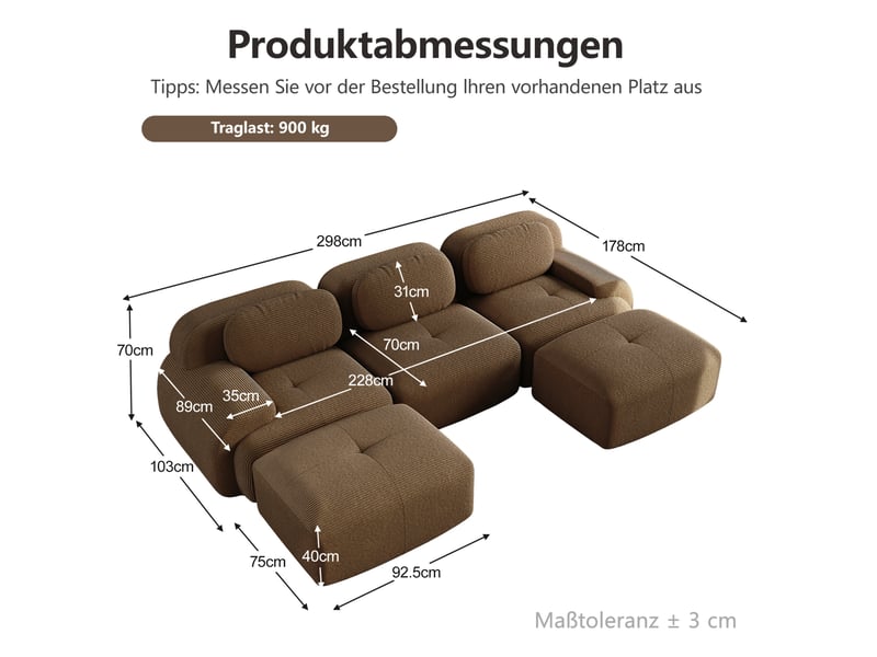  Canapé modulable modenvie en u 3 places 298 x 178 x 70 cm velours côtelé marron  - Conforama C