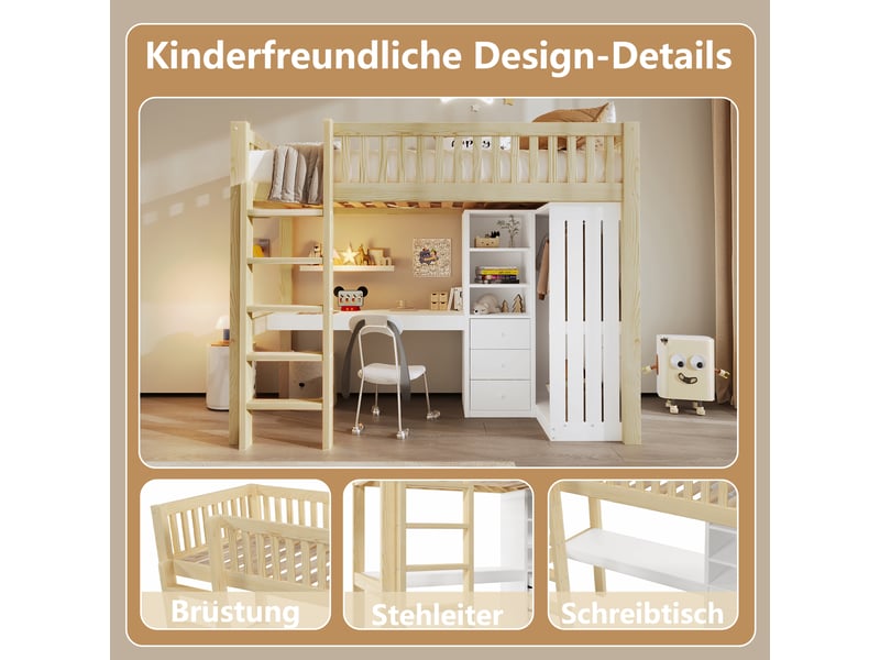  Lit mezzanine 90*200cm sans matelas, pin et mdf, bureau, armoire, 3 tiroirs, échelle, naturel  - Conforama C