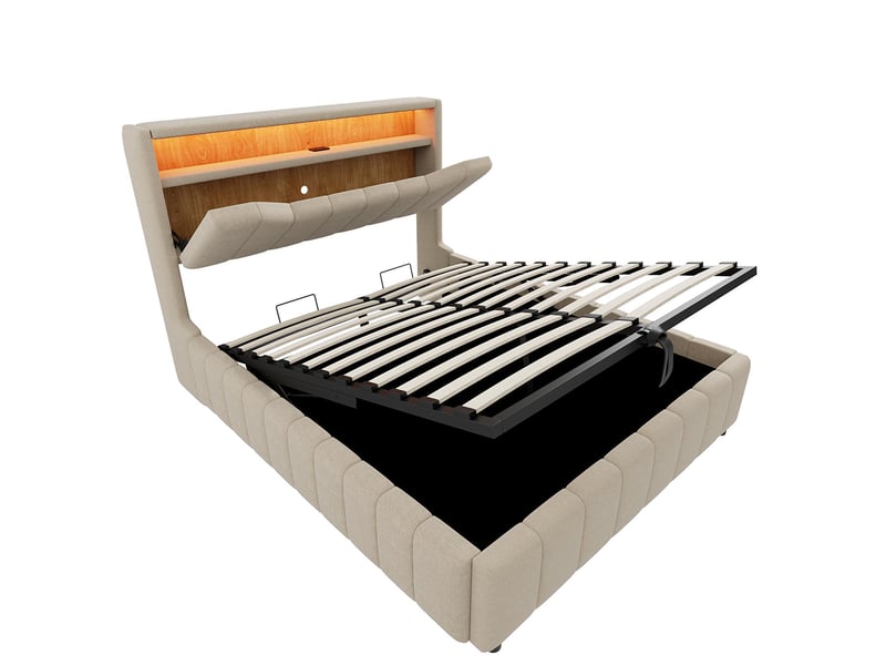 Lit adulte 180 x 200 cm, équipé de ports de recharge usb et usb-c, en lin,beige - Conforama E