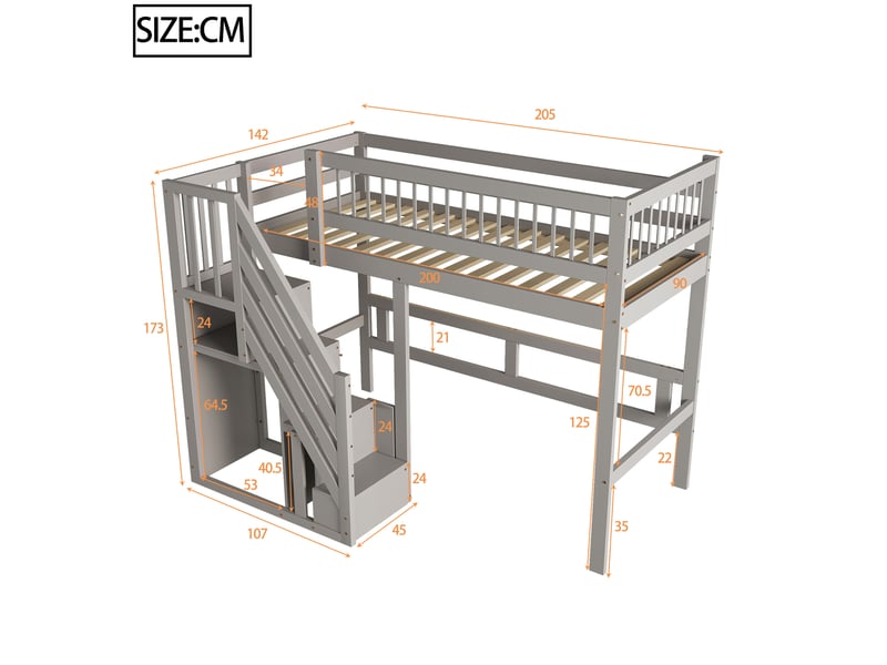 Lit superposé enfant 90x200 cm, avec compartiment de rangement, garde-corps, un seul sommier, pin gris, sans matelas - Conforama C
