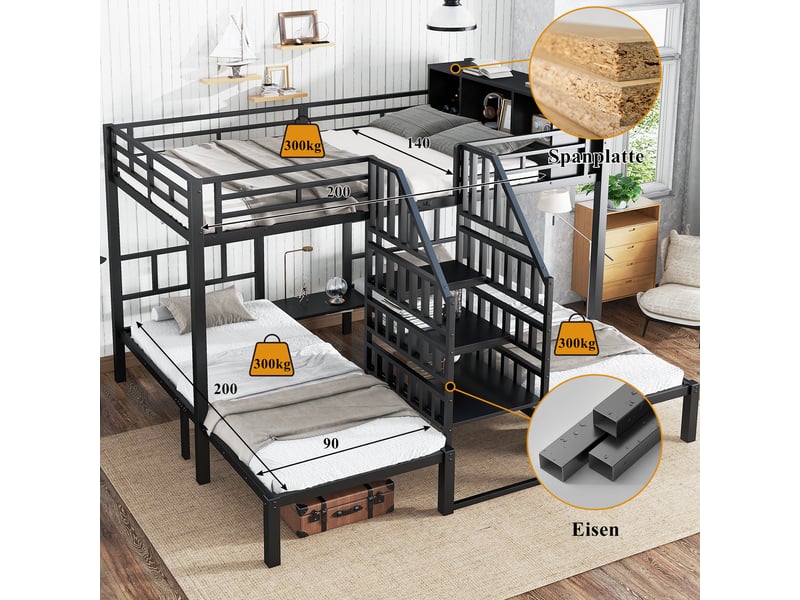  Lit superposé noir en fer 90x200 et 140x200 cm, 3 couchages avec escalier à mains courantes et rangement en hauteur  - Conforama E
