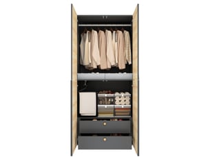 Armoire haute avec penderie, porte-pantalons, boîte et 2 tiroirs pour chambre, mdf gris et bois, 90 × 50 × 200 cm
