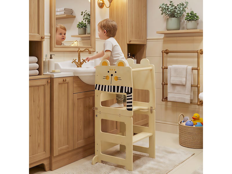  Tour d'apprentissage pliable 3 en 1 transformable en bureau et chaise, avec tableau noir et motif chat naturel  - Conforama B