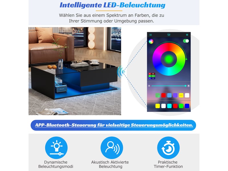  Table basse noire brillante 100x50x40 cm avec led, plateau en verre, 1 tiroir - style moderne  - Conforama D