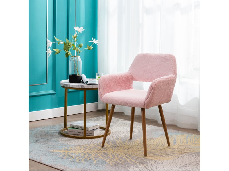  Fauteuil de table en fausse fourrure - 59x46x79 cm - fauteuil rembourré pieds métal effet bois - rose  - Conforama B
