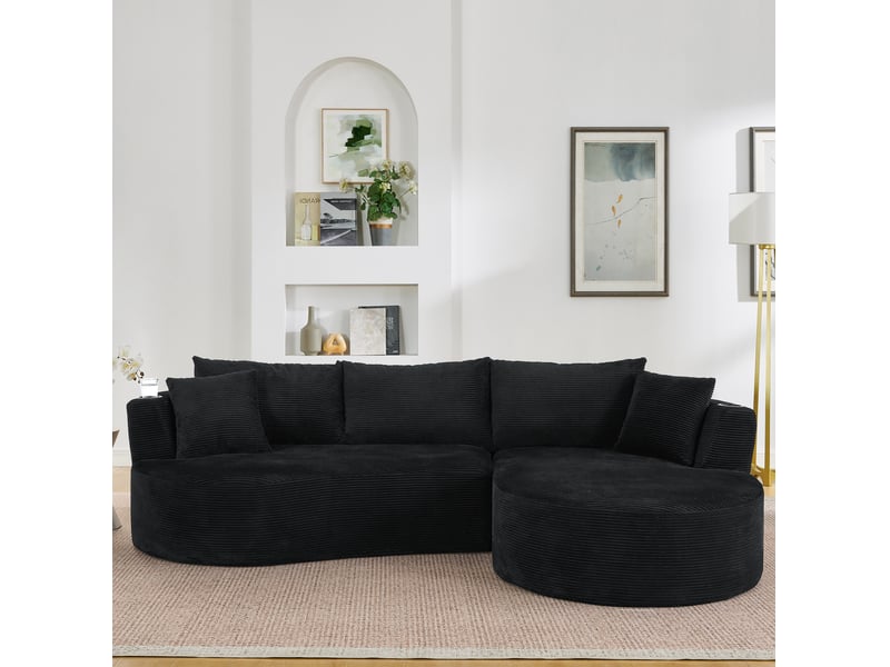 Canapé d'angle incurvé fixe 3 places en velours côtelé noir, méridienne à droite et porte-gobelets intégrés - Conforama E