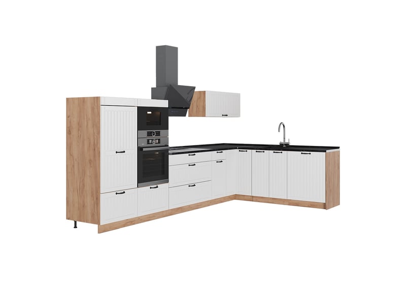 Vicco cuisine en angle, blanc campagnechêne de force doré, 347x60cm, pt anthracite - Conforama A