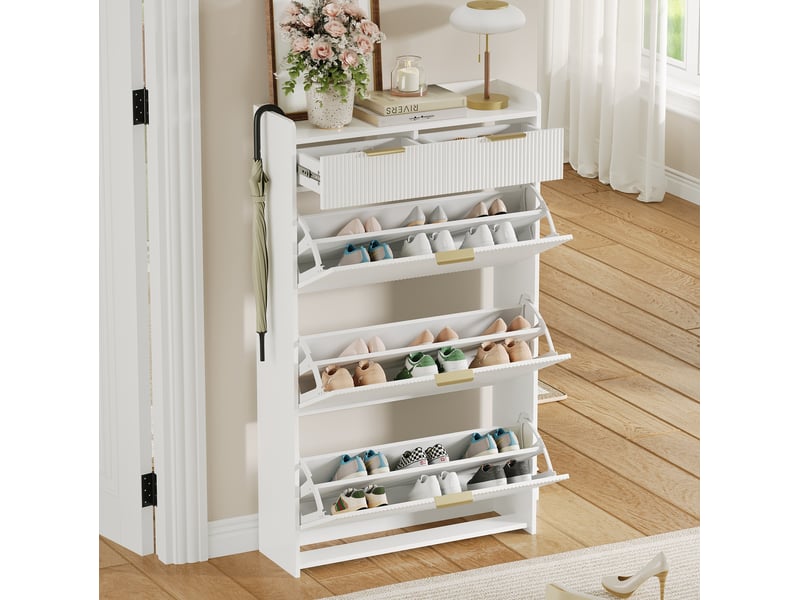  Meuble à chaussures 80x25x135 cm, 3 compartiments basculants et 2 tiroirs, panneau de particules, blanc  - Conforama D