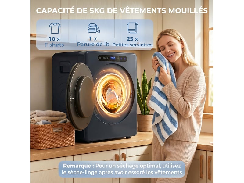 Sèche linge à évacuation, sèche-linge électrique 1000 w 3 kg, modes extra dry et eco, minuterie, bleu, acier inoxydable - Conforama E