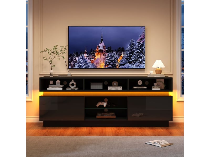  Meuble tv led 160 x 35 x 60 cm meuble de salon éclairage led noir support plat tablette en verre trempé finition haute brillance structure mdf compatible téléviseur 60 pouces coloris noir  - Conforama B