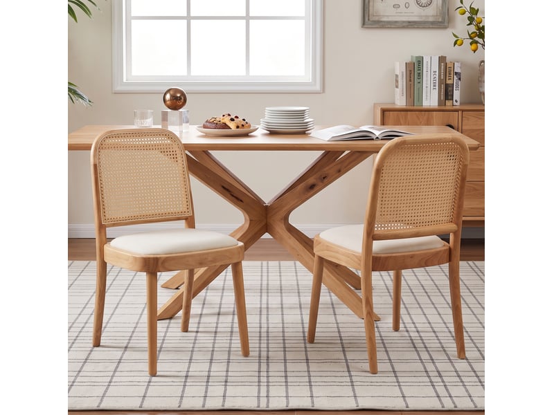  Lot de 6 chaises de salle à manger 52x45x84 cm avec dossier en rotin, pour salle à manger, bois, beige clair et lin  - Conforama B