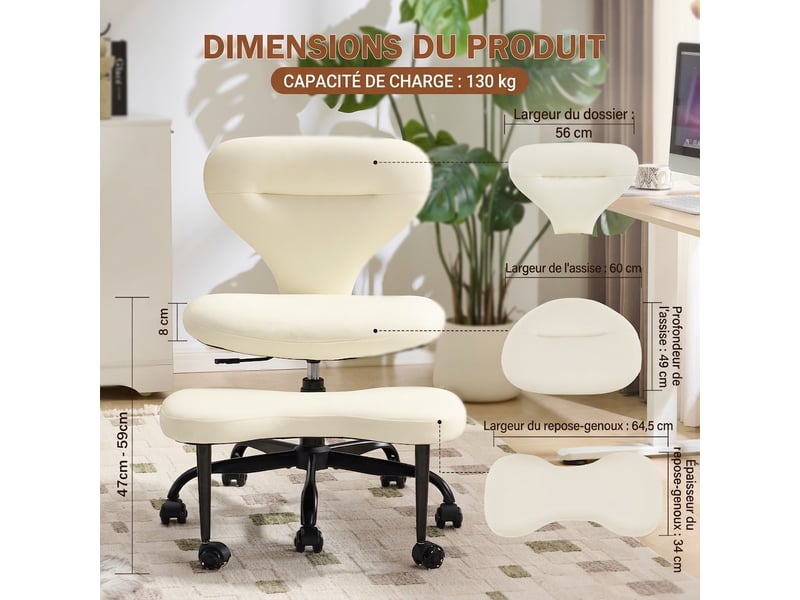  Chaise de bureau jambes croisées pivotante avec repose-pieds, simili cuir blanc, sans accoudoirs, 67x80x84 cm  - Conforama D