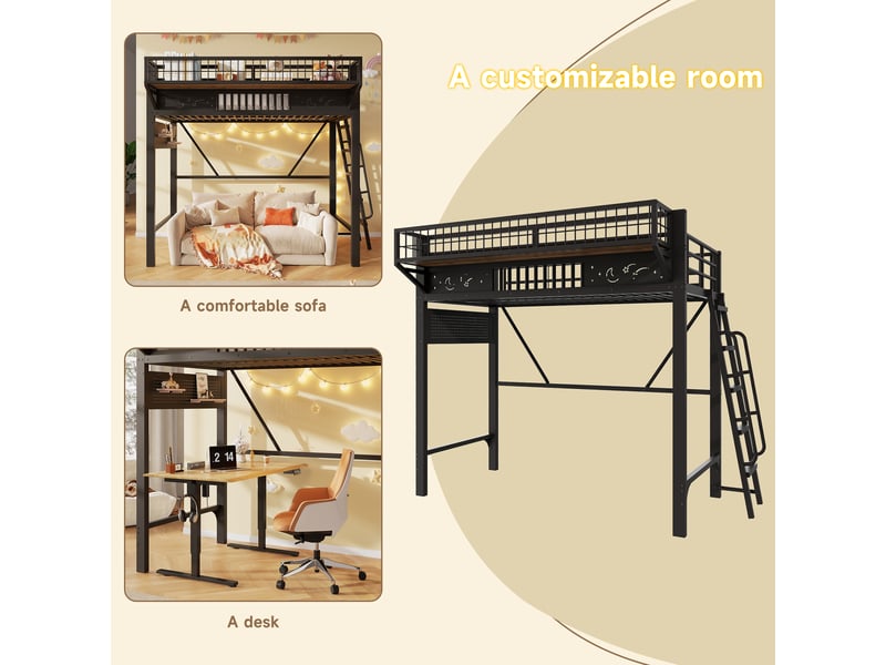  Lit mezzanine simple 90×200 cm compartiments de rangement et espace ouvert  - sans matelas, métal - noir  - Conforama E
