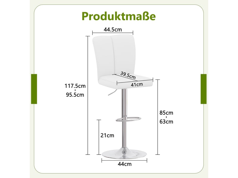 Lot de 2 tabourets de bar réglables et pivotants 360°,similicuir et métal argenté,blanc  - Conforama C