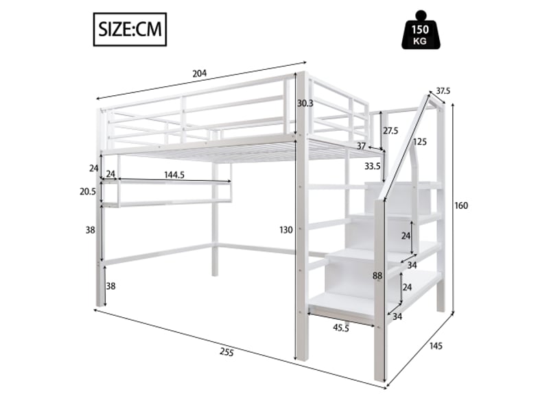  Lit mezzanine 140x200 cm coloris blanc métal lit enfant blanc - Conforama C