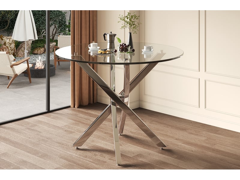  Table à manger ronde 80 x 80 x 75 cm en verre trempé, pieds croisés en métal argenté  - Conforama D