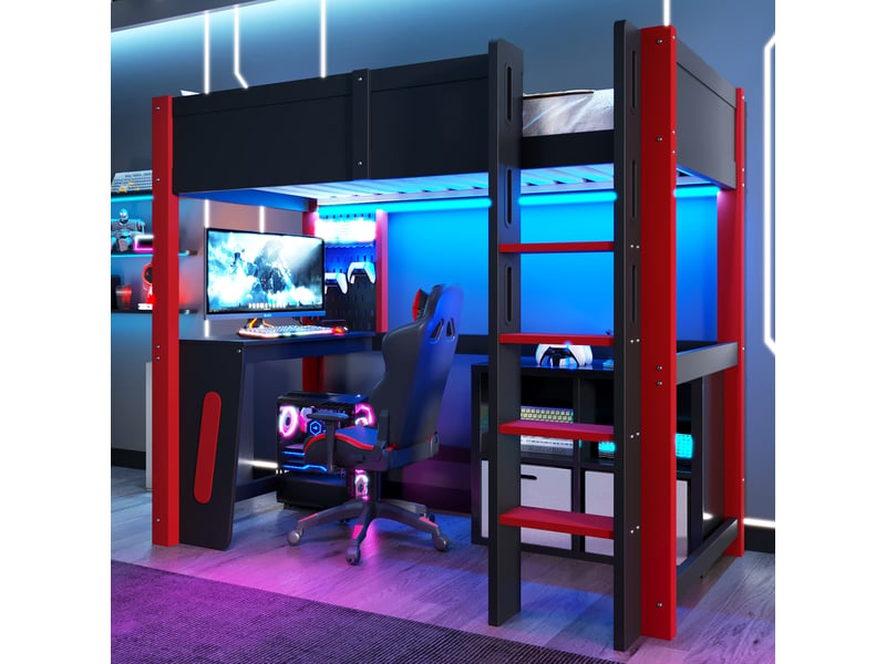Lit mezzanine 90x200 cm en pin, bureau, panneau perforé, bandeau led, sans matelas, noir - Conforama B
