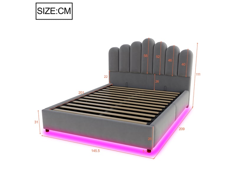 Lit coffre 140 × 200 cm, rangement hydraulique, tête capitonnée, led multicolore, sommier à lattes, velours gris  - Conforama C