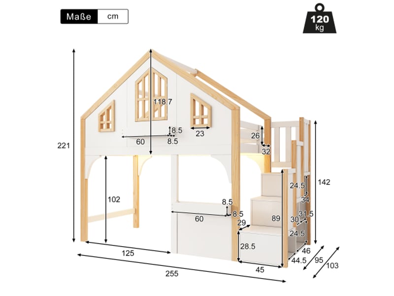  Lit superposé enfant 90×200cm, forme maison, led + escalier rangement, blancnaturel  - Conforama C