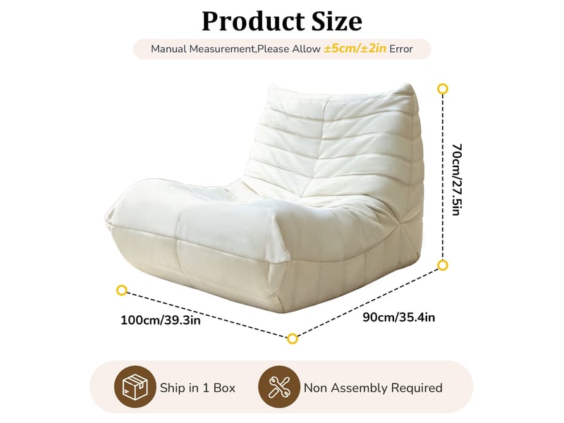  Fauteuil de sol lounge ergonomique 100x90x70 cm, grande assise confortable en tissu effet flanelle blanc OMNIGLINT TRADING LTD - Conforama C